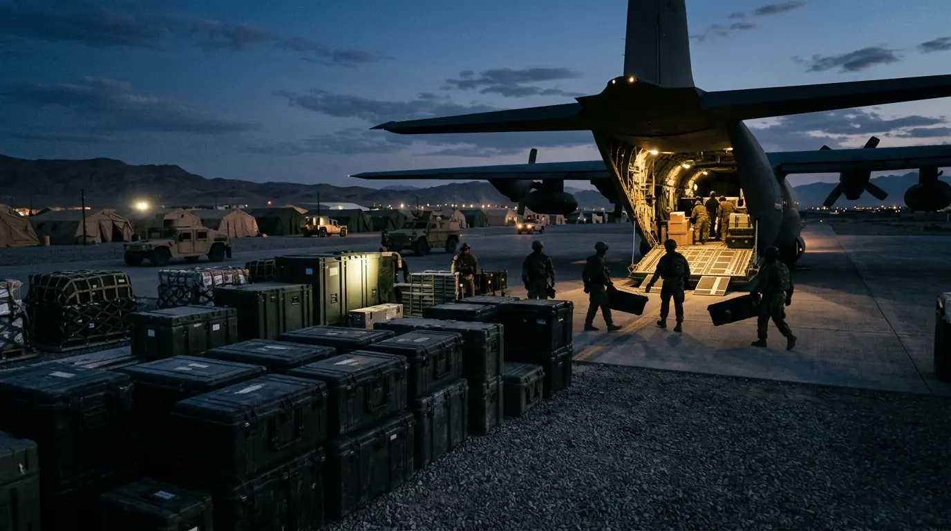 Rugged cases being loaded onto a military cargo aircraft at dusk